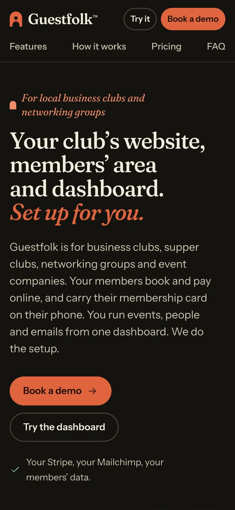 The Guestfolk homepage on a phone, with Book a demo and Try the dashboard buttons.