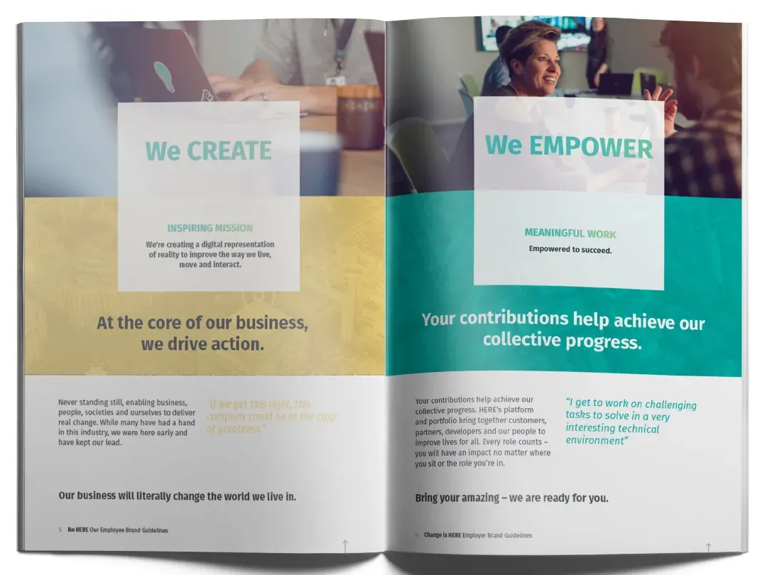 An open spread from the HERE employee brand guidelines, with soft photos behind white panels