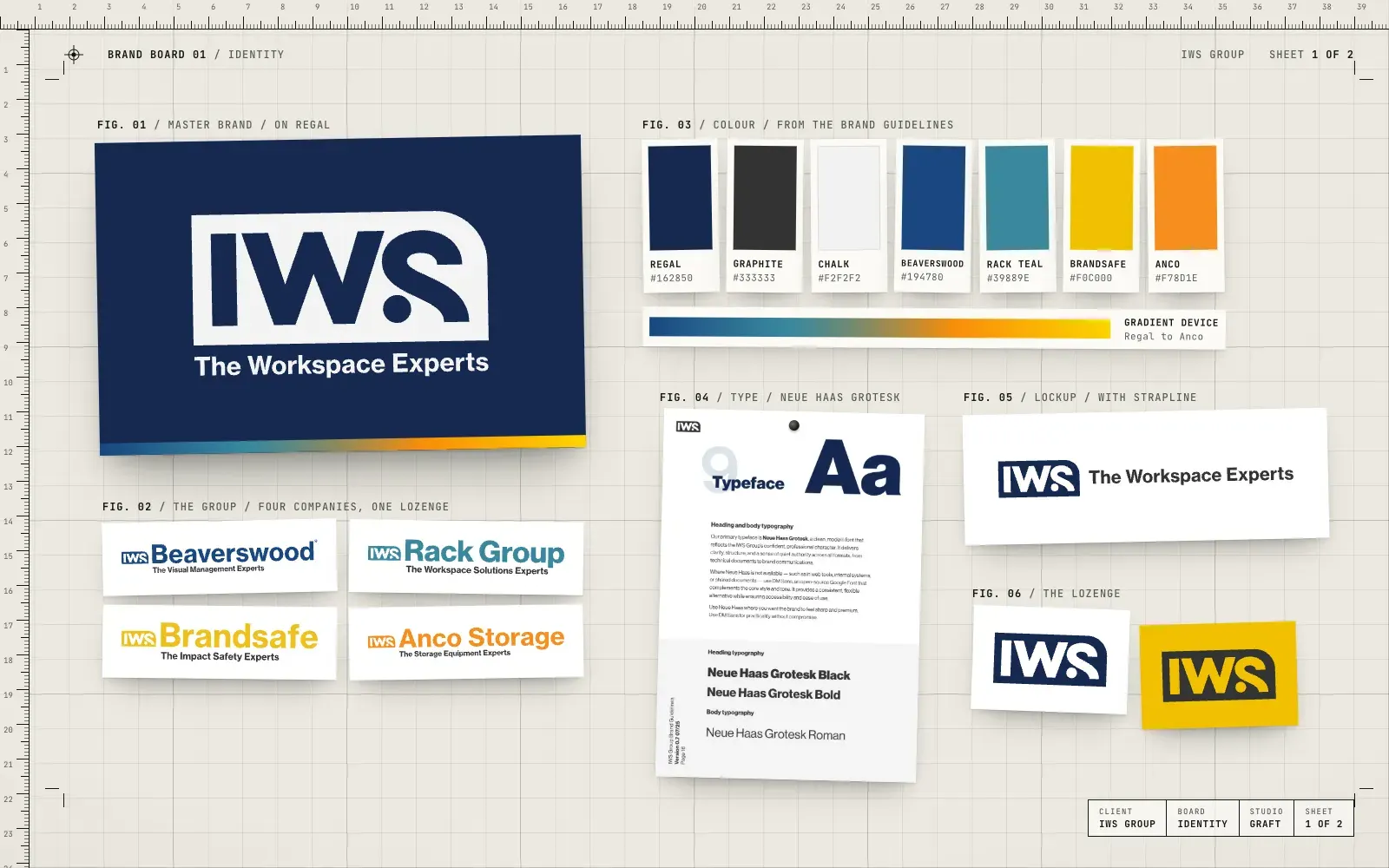 IWS Group identity: the IWS lozenge and strapline, the four company lockups, the group colours and gradient, and the Neue Haas Grotesk type page