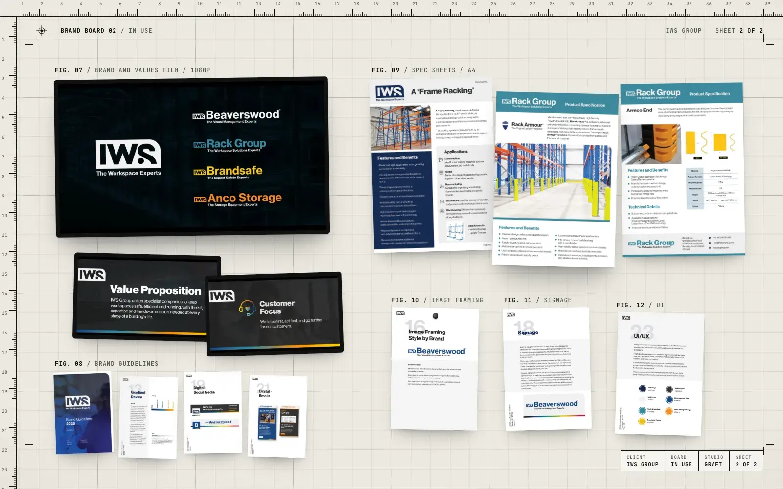 IWS Group brand in use: the brand and values film, pages from the brand guidelines and product spec sheets for IWS and Rack Group
