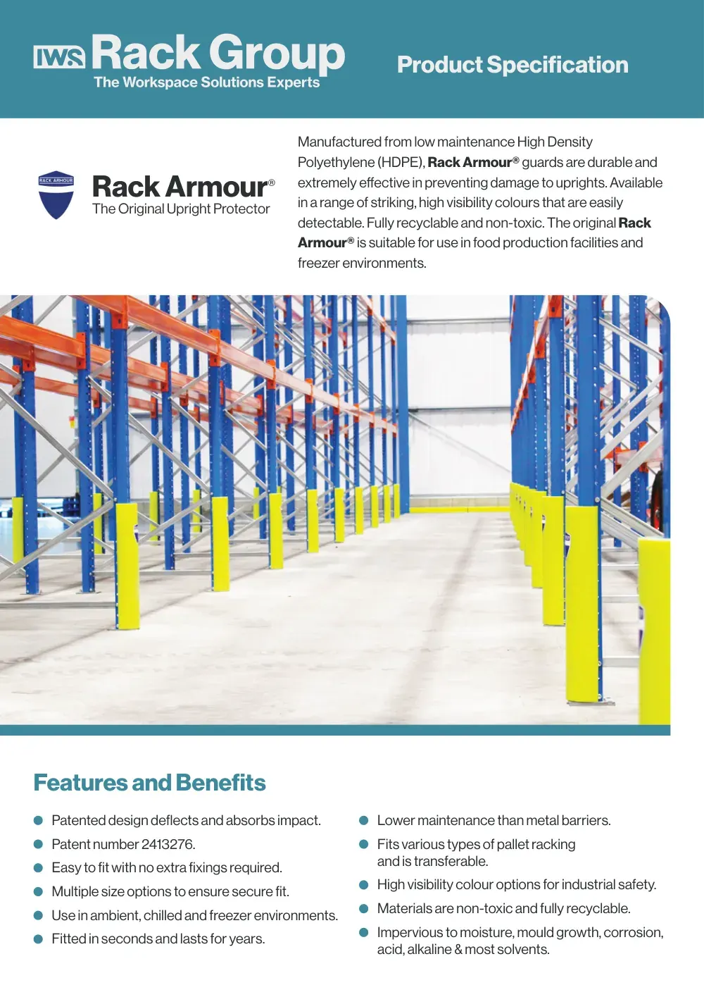 A Rack Group product spec sheet for Rack Armour, with a teal header, the IWS lozenge, a warehouse photo and a features list.