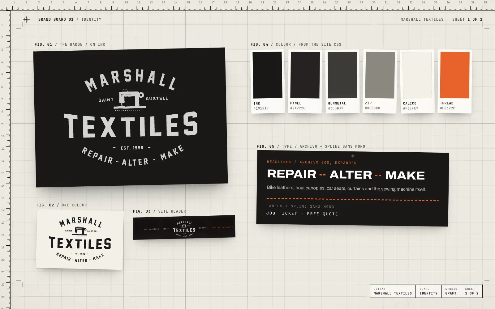 Marshall Textiles identity: the Repair, Alter, Make badge on ink and calico, the site header, six workshop colours, Archivo and Spline Sans Mono