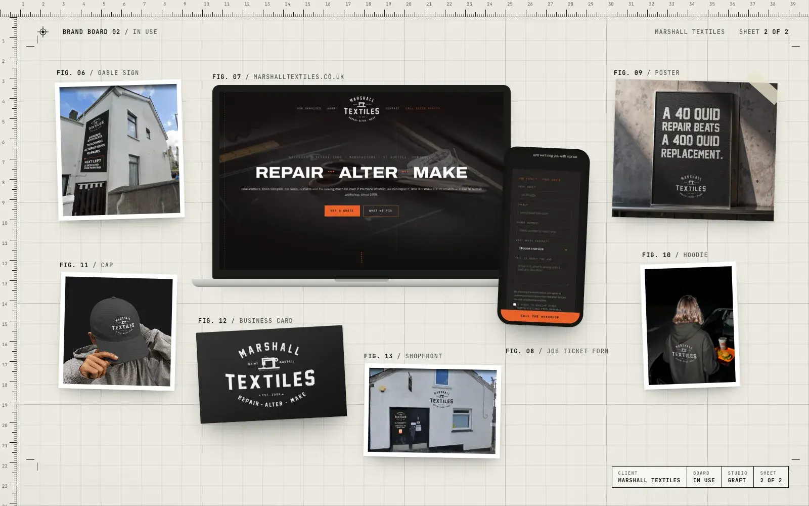 Marshall Textiles brand in use: the gable sign, the website with its online job ticket on laptop and phone, a poster, hoodie, cap, business card and shopfront
