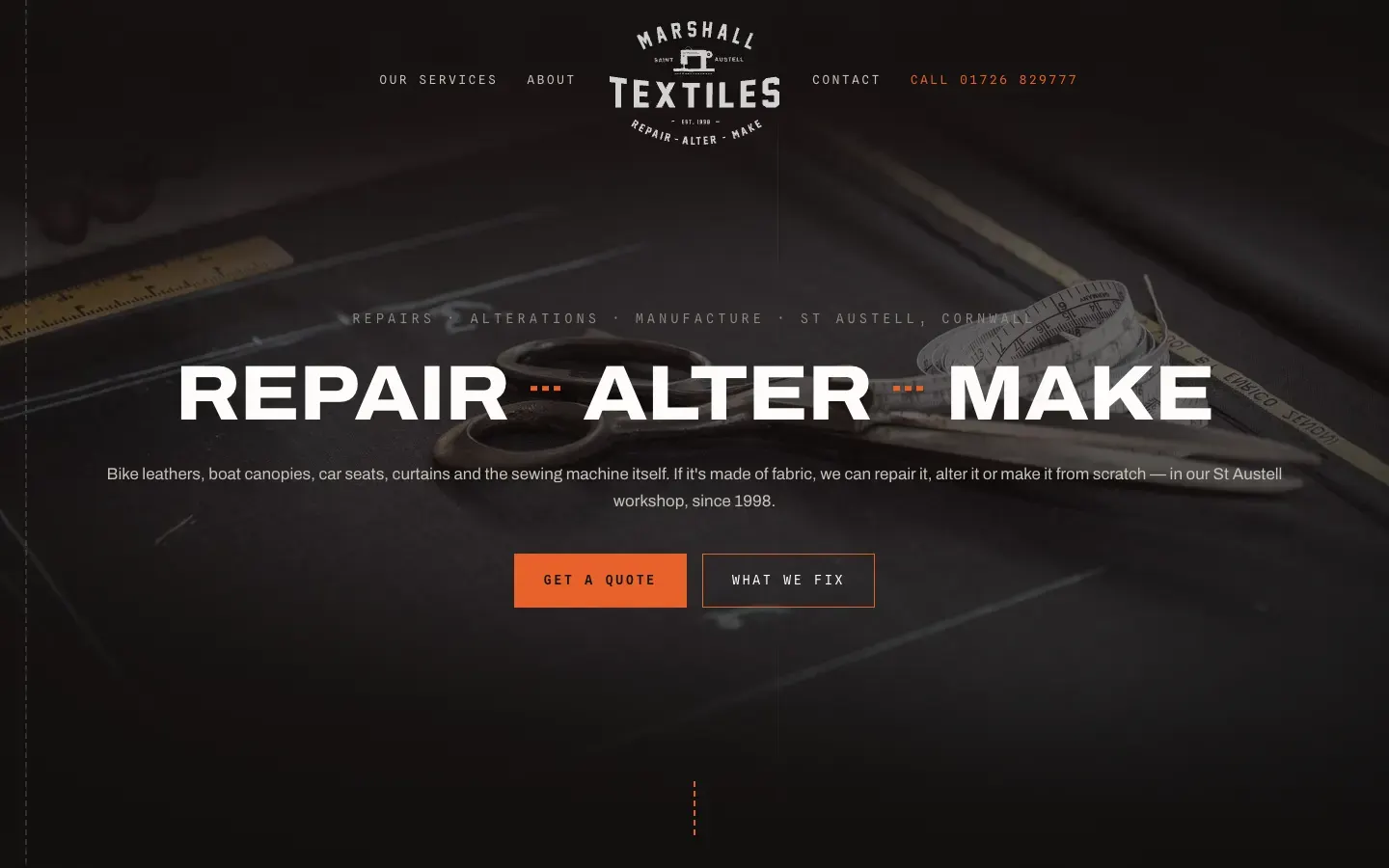 The Marshall Textiles homepage on a desktop screen, headed Repair, Alter, Make.