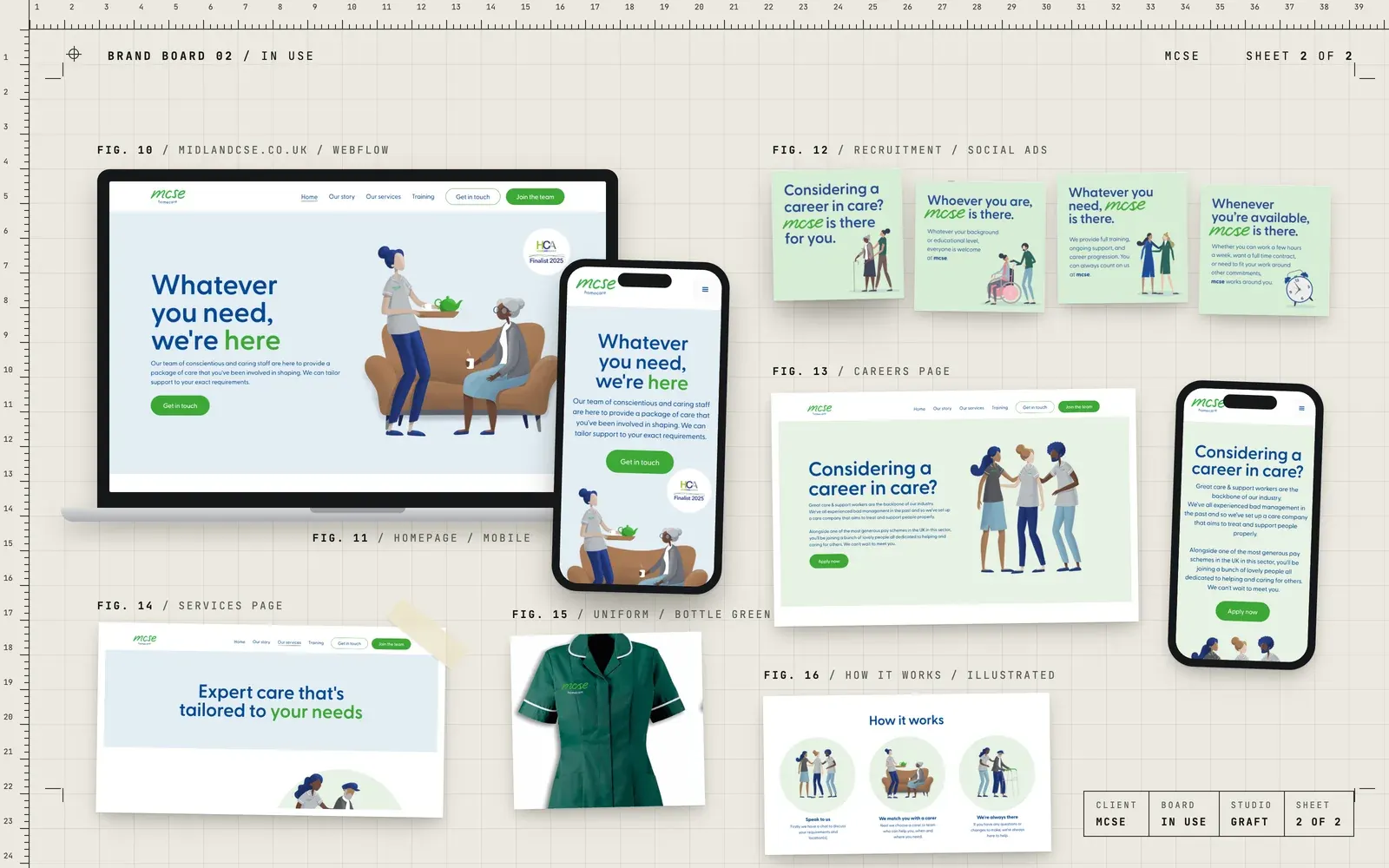 MCSE brand in use: the homepage on a laptop and a phone, four recruitment ads, the careers page on desktop and mobile, the services page, a bottle green uniform and the illustrated How it works section