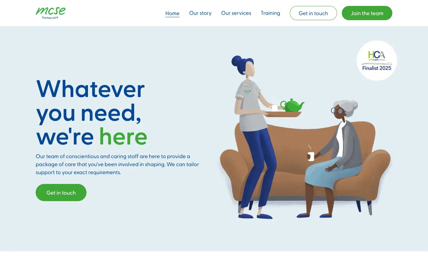 The MCSE homepage on a desktop screen, with the handwritten mcse wordmark and an illustration of a carer bringing tea to an older woman on a sofa.