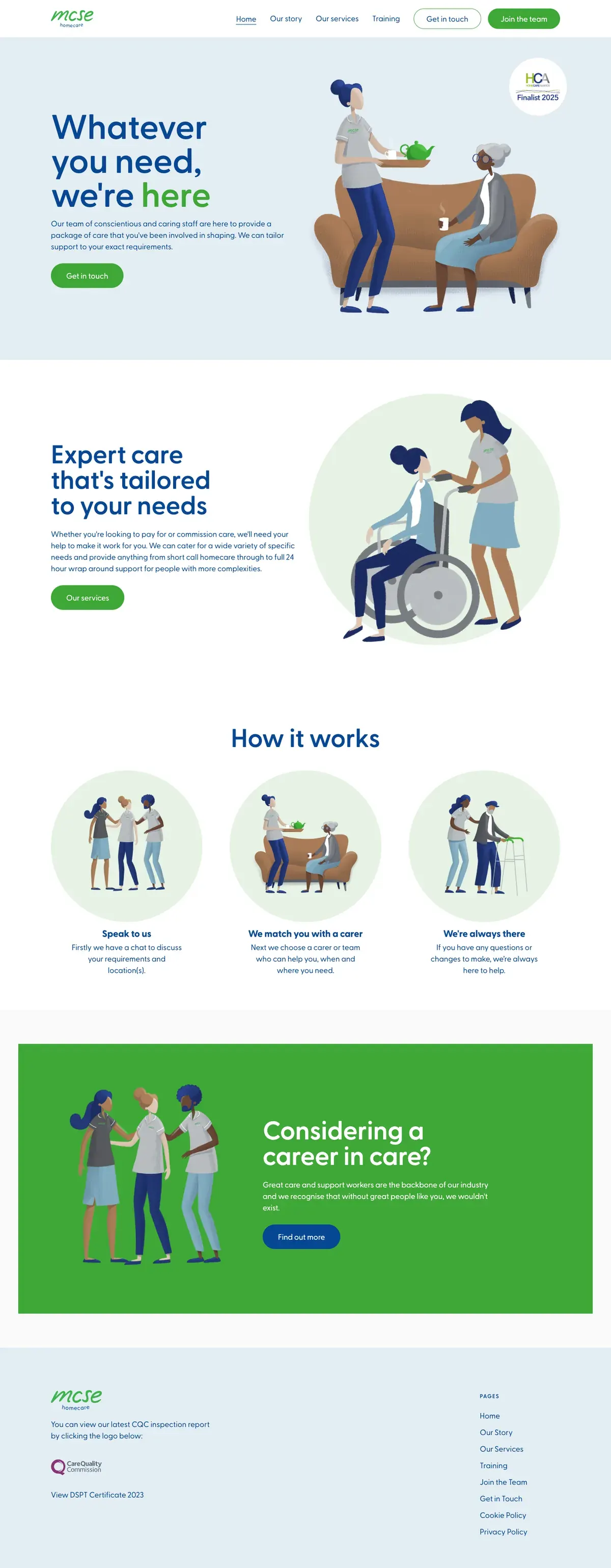 A long view of the MCSE homepage with illustrated carers, the headline Whatever you need, we're here, a How it works section and a green panel for people considering a career in care.