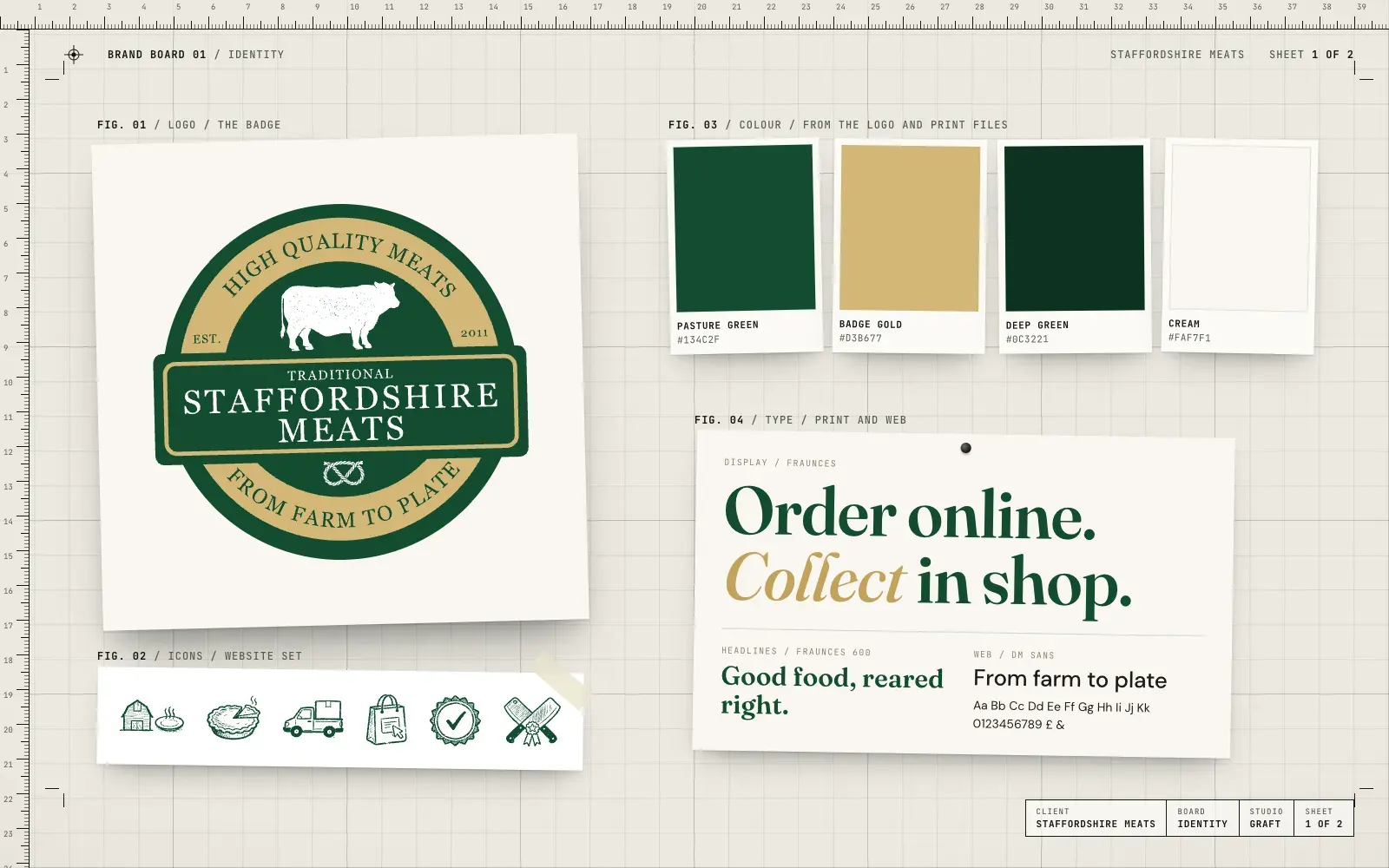 Staffordshire Meats identity: the round badge logo, website icons, greens and gold, and the Fraunces and DM Sans typefaces