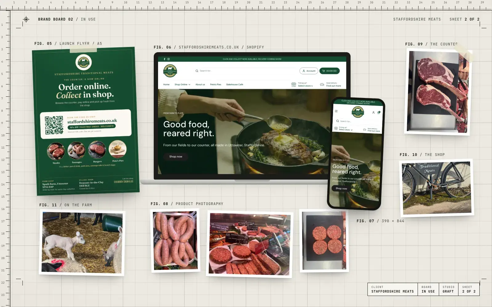 Staffordshire Meats brand in use: the launch flyer, the Shopify store on laptop and phone, and real photos from the farm and counter