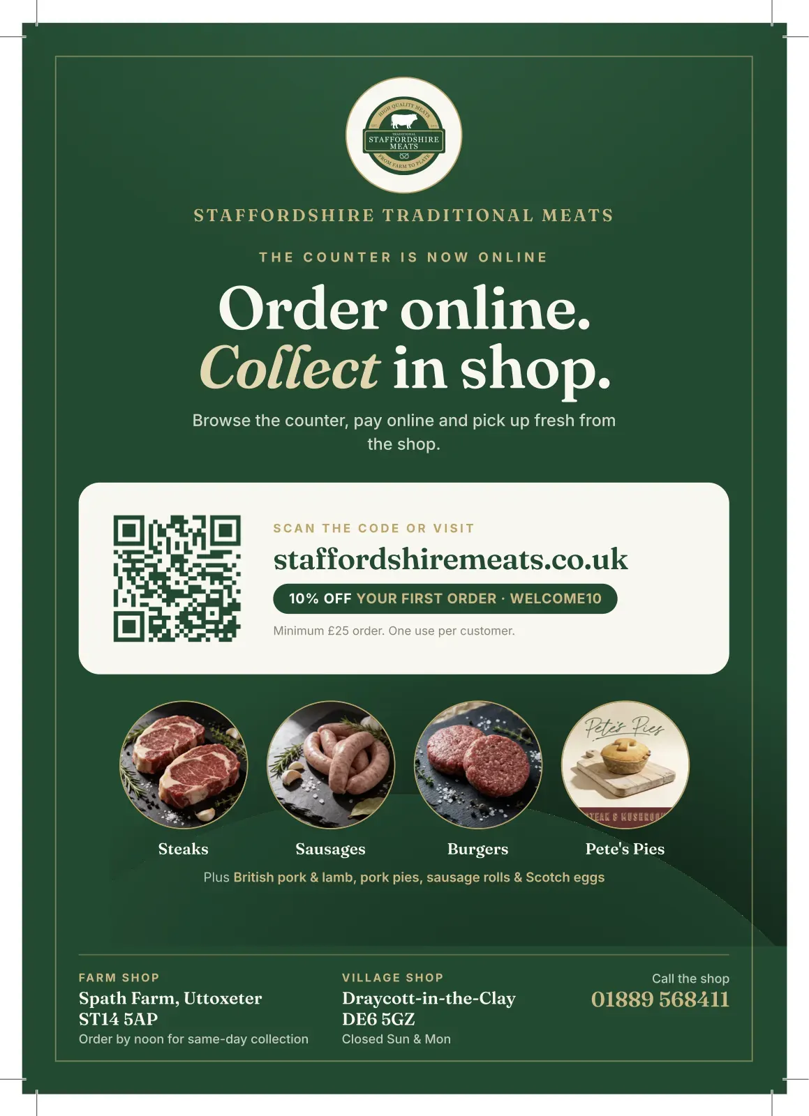 A green A5 launch flyer reading Order online, collect in shop, with a QR code and photos of products.