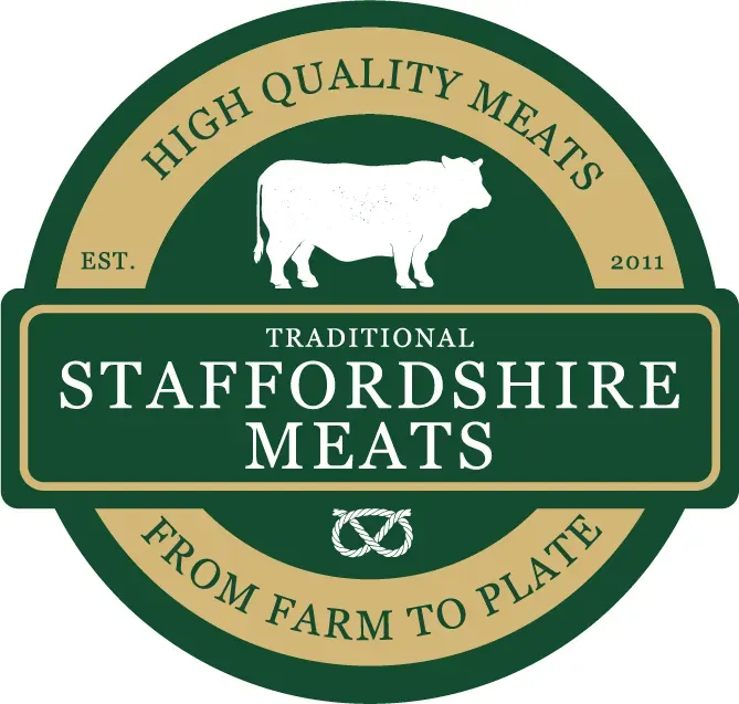 The Staffordshire Meats badge logo in green and gold, with a cow and the words From farm to plate.