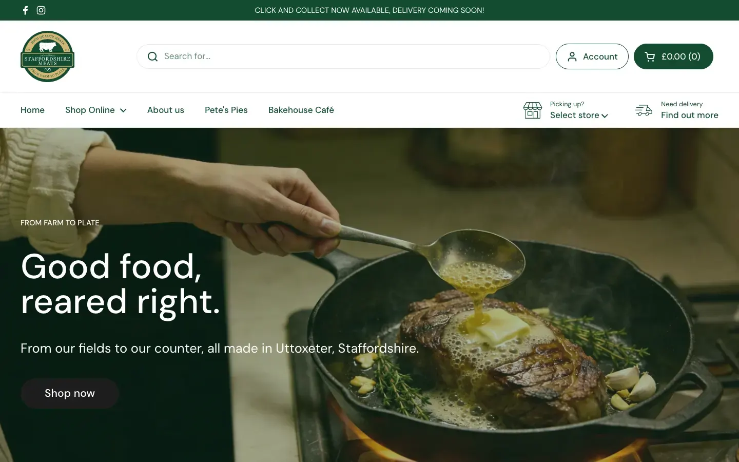 The Staffordshire Meats online store on a desktop screen, headed Good food, reared right, over a steak in a pan.