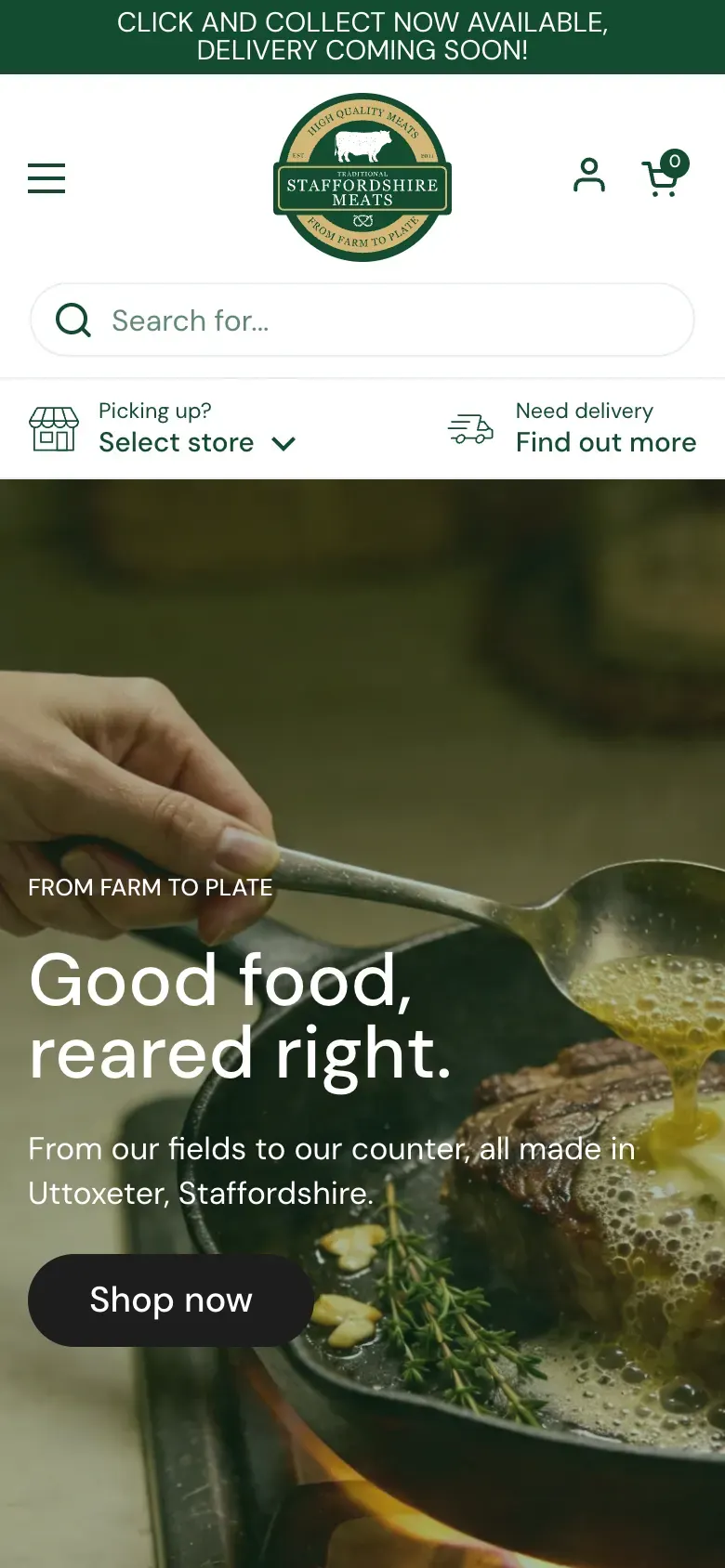 The Staffordshire Meats store on a phone, with a store picker and a Shop now button.