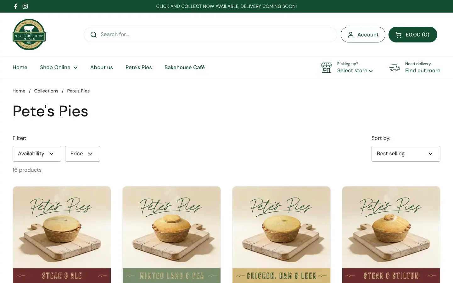 The Pete's Pies collection page of the Staffordshire Meats store, showing pies on wooden boards with colour-coded labels for each filling.