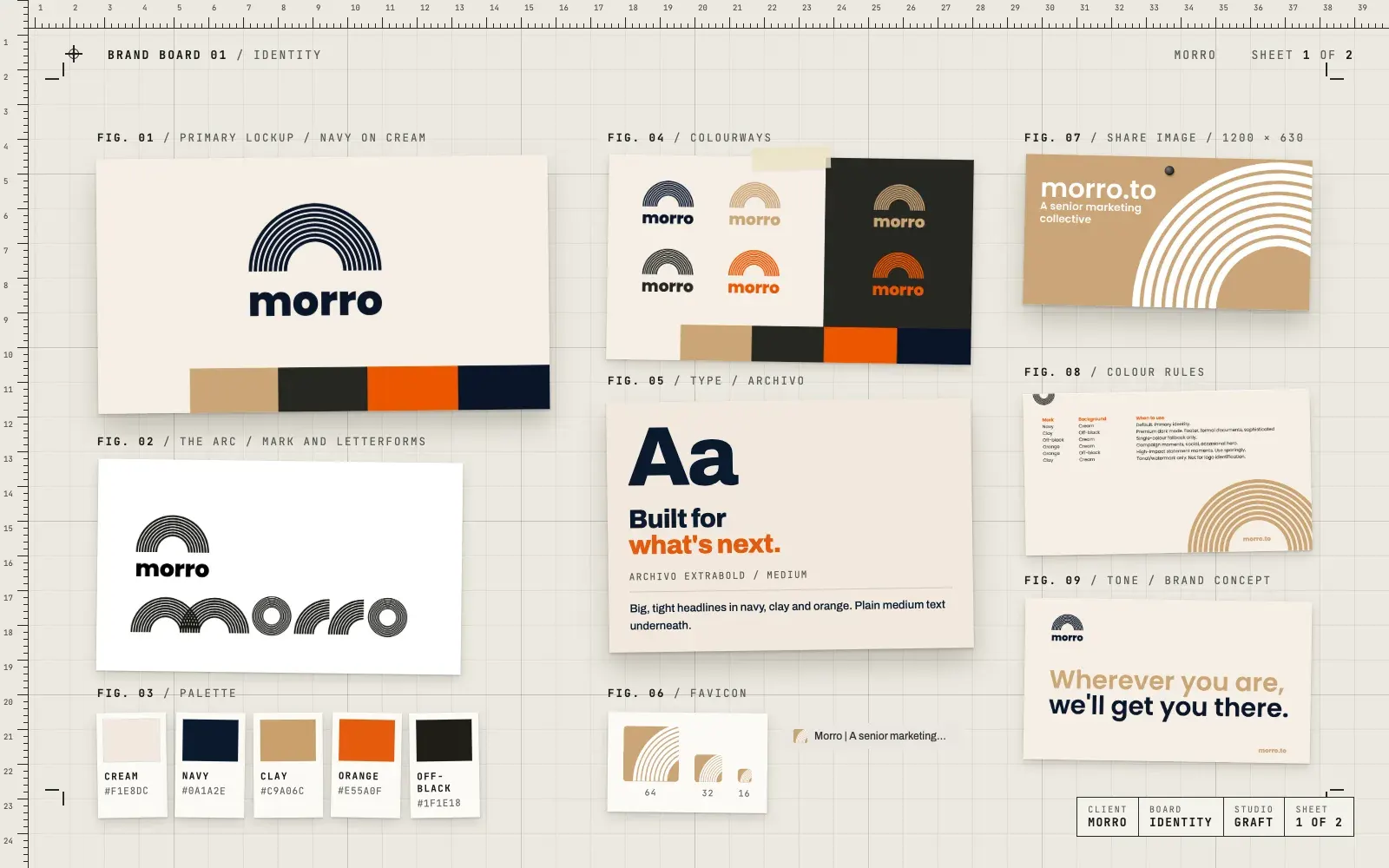 Morro identity: the navy arc logo on cream, the arc letterforms, the colourways, five colour chips, Archivo type, the favicon, the share image and the colour rules