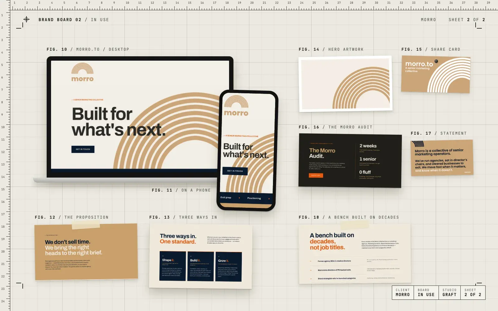 Morro brand in use: the morro.to homepage on a laptop and a phone, sections from the site, the clay hero artwork, the share card and a brand statement slide