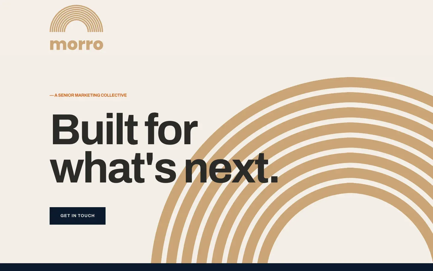 The Morro homepage on a desktop screen, with the clay logo, a large headline in off-black and big clay arcs behind it.