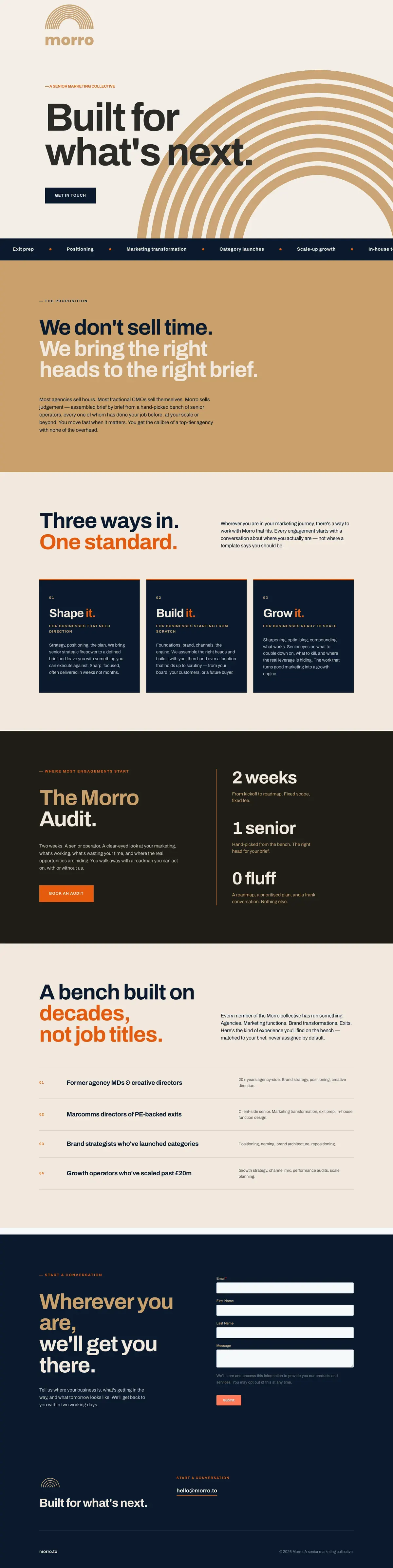 The morro.to homepage, top to bottom: the clay arc hero, a ticker of specialisms, the proposition on clay, three ways to work together, the audit, the bench of experience and the contact form on navy