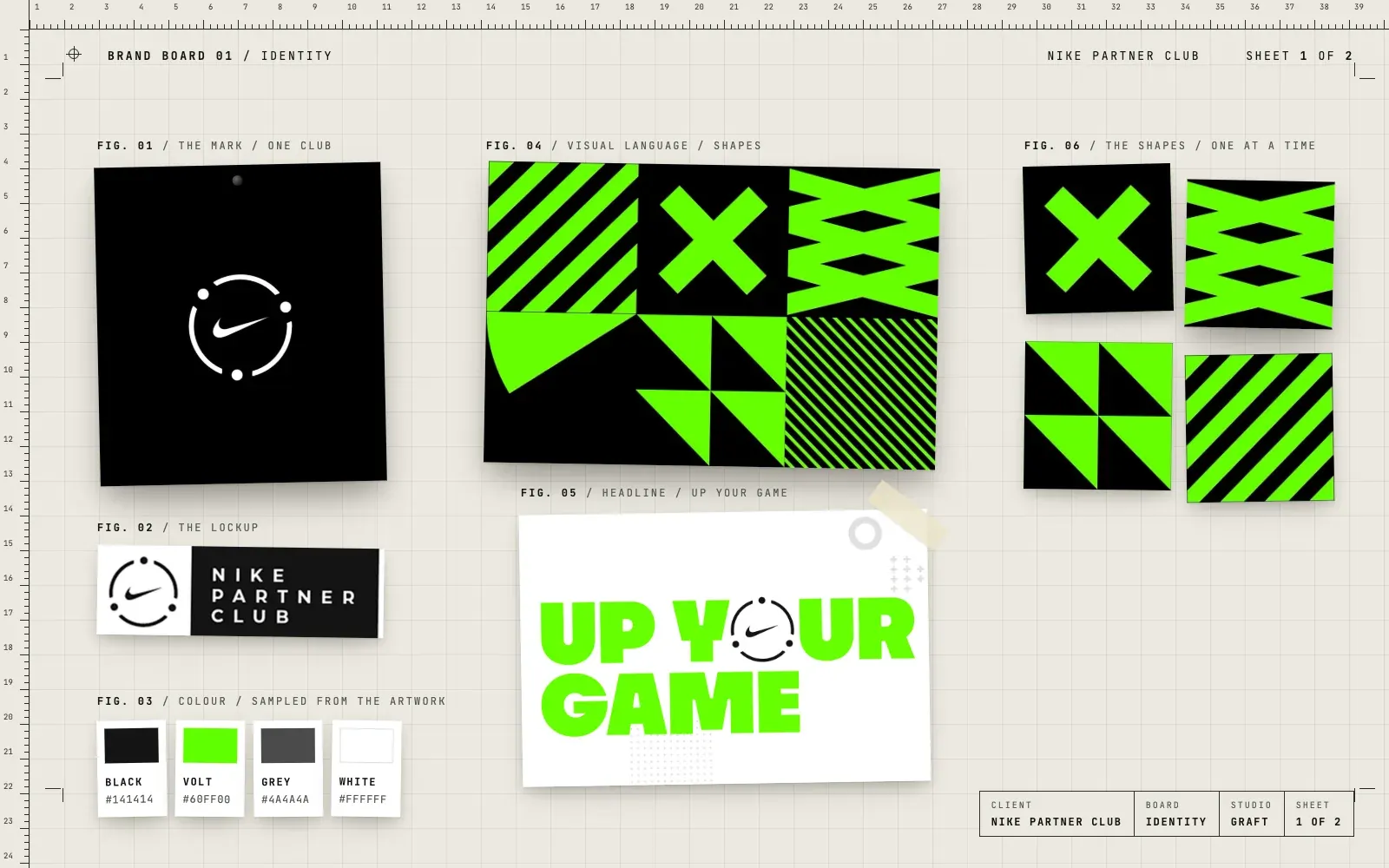 Nike Partner Club identity: the club mark of a swoosh inside a broken circle of dots, the Nike Partner Club lockup, four colours, a grid of volt green and black shapes, the Up your game headline and four single shapes