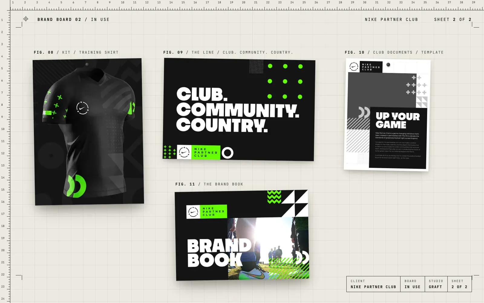 Nike Partner Club identity in use: a black training shirt with the club mark and volt green shapes, the line Club. Community. Country., a club document template headed Up your game and the brand book cover