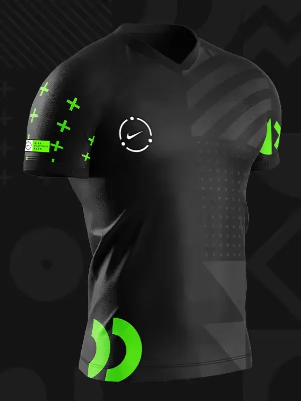 A black training shirt design with the Nike Partner Club mark on the chest, volt green crosses on the sleeve and a green ring shape at the hem.