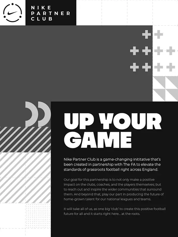 A Nike Partner Club document template in black, white and grey, with the lockup at the top, stripes and crosses, and the headline Up your game over a short introduction to the programme.