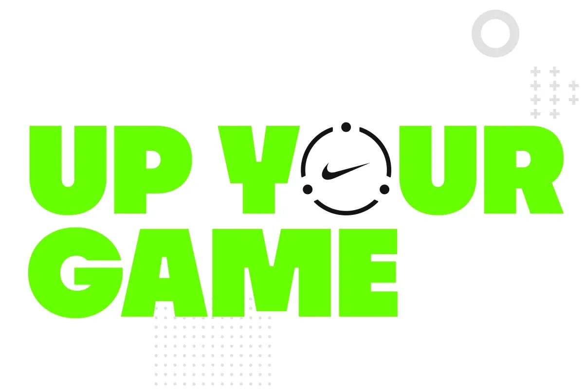 The headline Up your game in bold volt green capitals on white, with the club mark taking the place of the O.