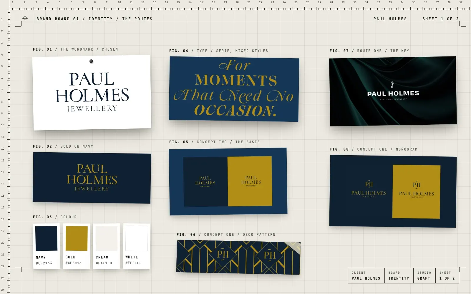 Paul Holmes identity: the chosen PAUL HOLMES JEWELLERY wordmark in navy and in gold, four colours, a mixed serif type line, and the earlier routes, including a key and an Art Deco PH monogram