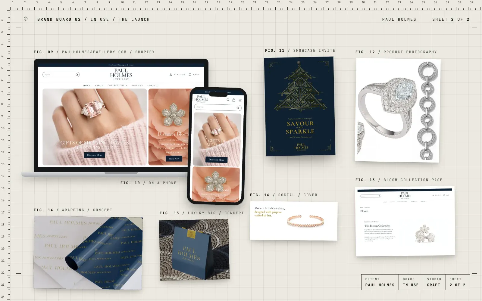 Paul Holmes brand in use: the Shopify store on a laptop and a phone, the Christmas showcase invite, product photography, the Bloom collection page, a social cover, and wrapping and luxury bag concepts