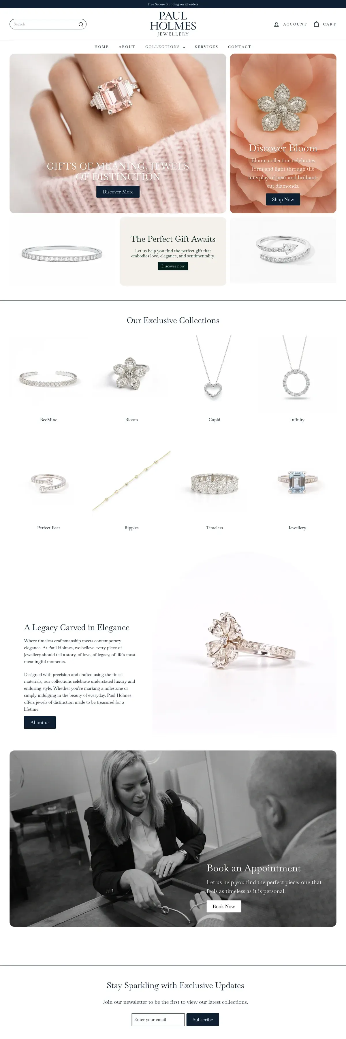 The Paul Holmes Jewellery homepage, with a diamond ring hero, the collections, the story of the business and an appointment booking section.