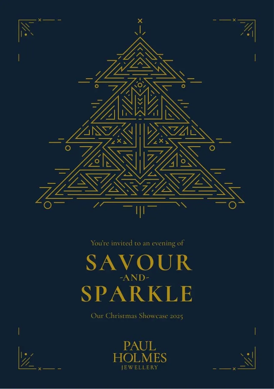 A navy Christmas showcase invite with a gold Art Deco Christmas tree, the words Savour and Sparkle, and the Paul Holmes Jewellery wordmark.