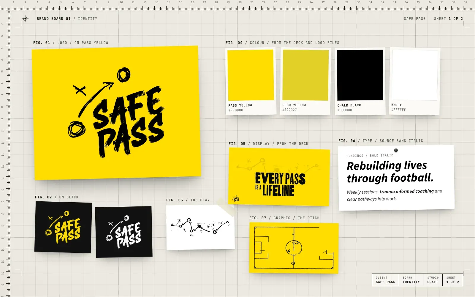 Safe Pass identity: the hand-drawn Safe Pass logo on yellow and on black, the tactics drawing, four colours and Source Sans italic type