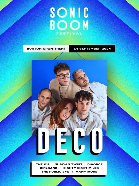 A Sonic Boom artist poster for the band Deco, a photo of the band framed in blue and green chevrons under the Sonic Boom wordmark, with the date, 14 September 2024.