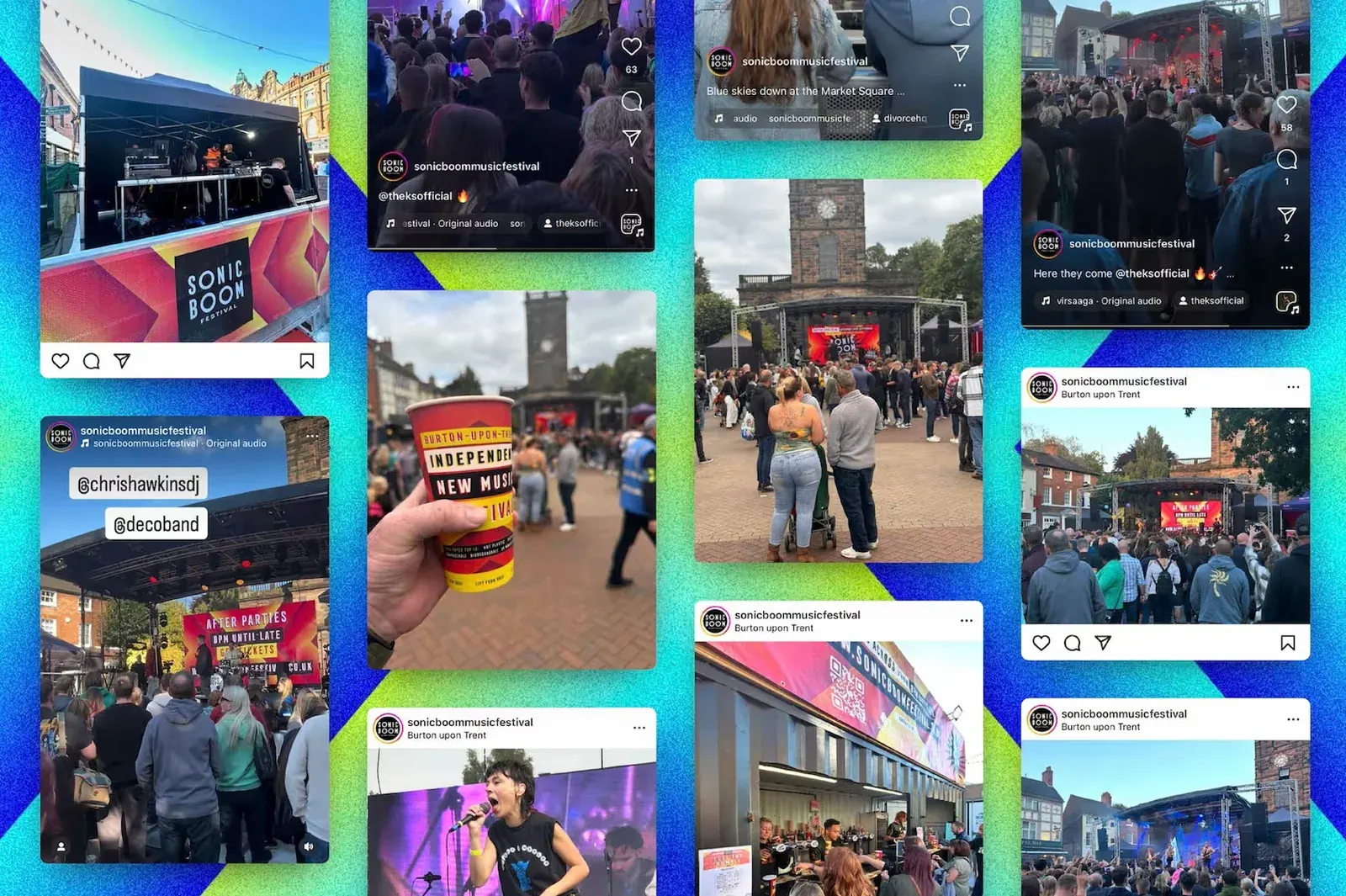 A grid of Instagram posts and stories from festival day, each framed in the Sonic Boom blue and green, showing the stage, the crowd and the town centre.