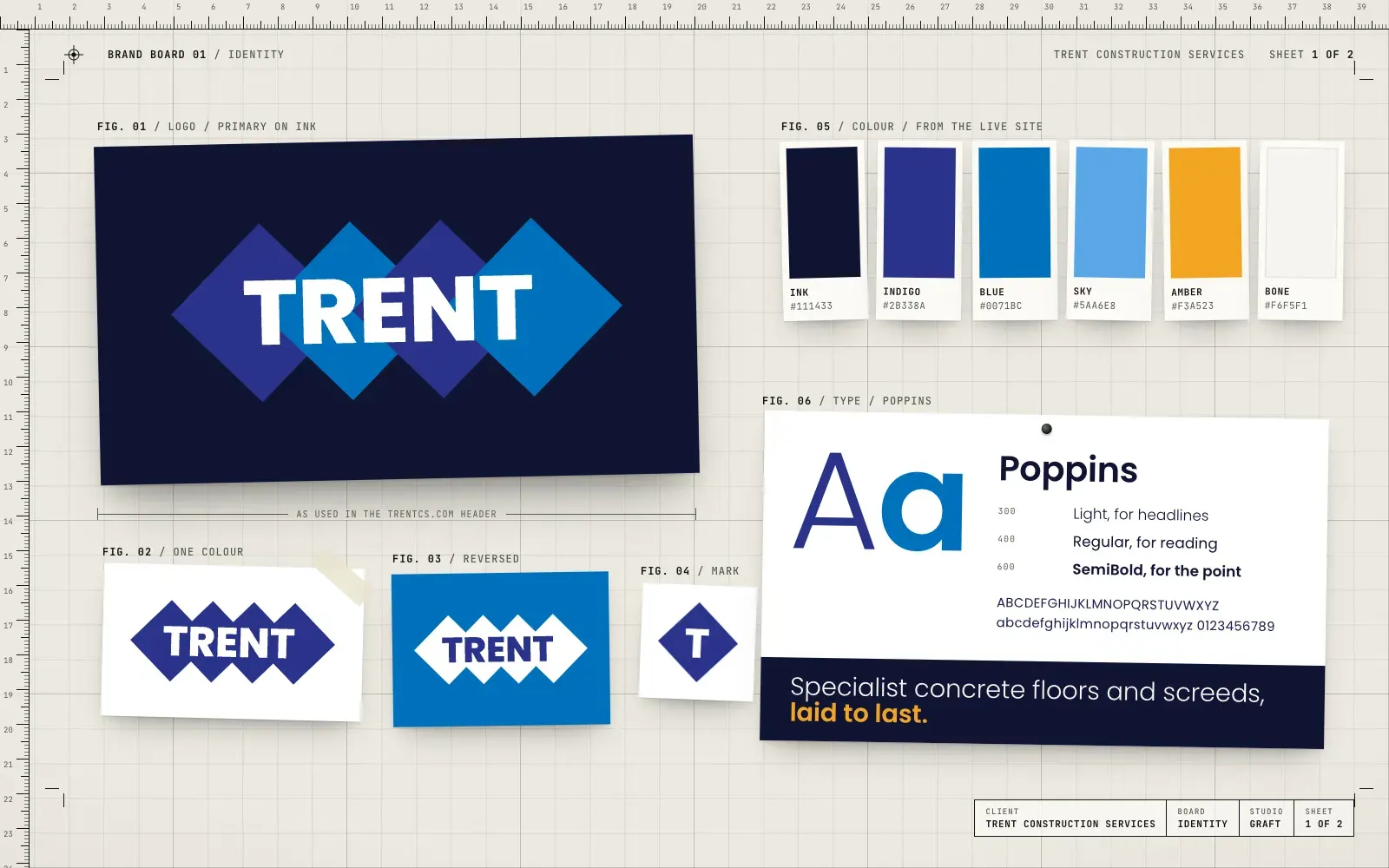 Trent Construction identity: the diamond logo in three versions, six brand colours and the Poppins typeface