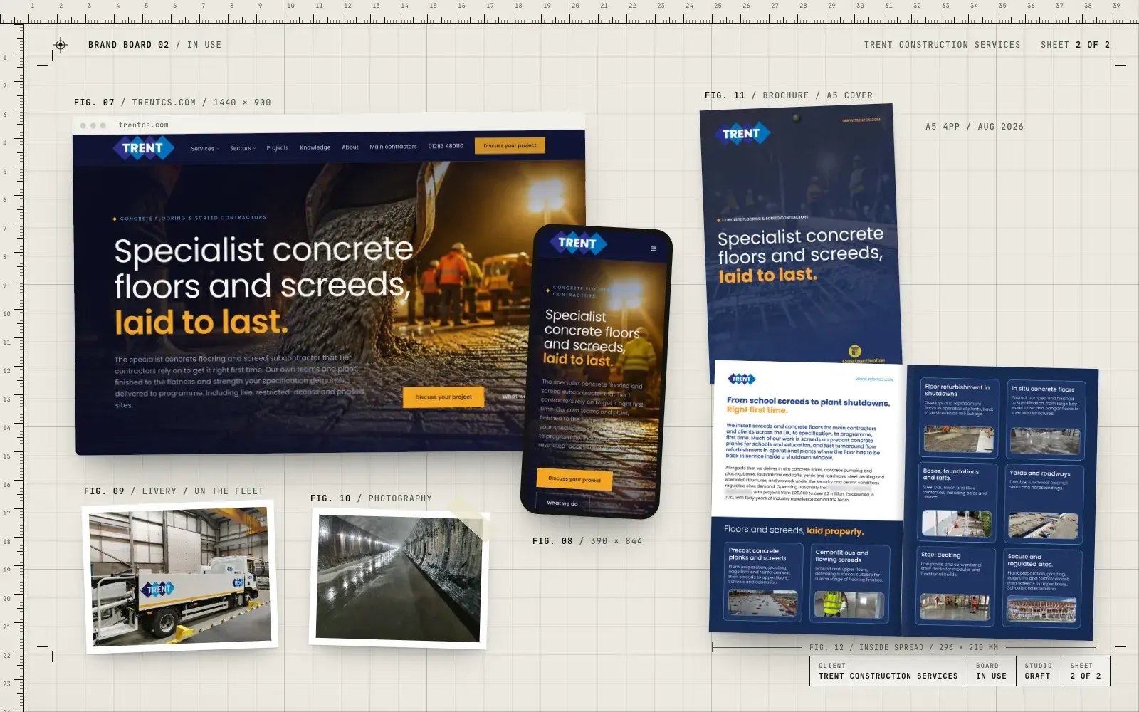 Trent Construction brand in use: the website on desktop and phone, the brochure cover and inside spread, lorry livery and a job photo