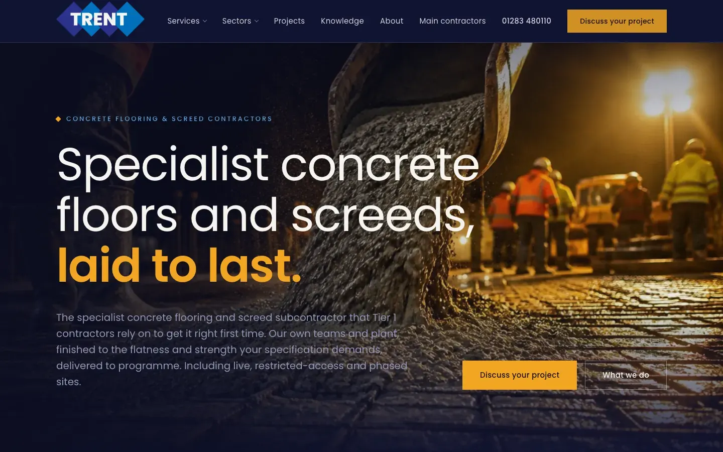 The Trent Construction homepage on a desktop screen, headed Specialist concrete floors and screeds, laid to last, over a night-time pour.