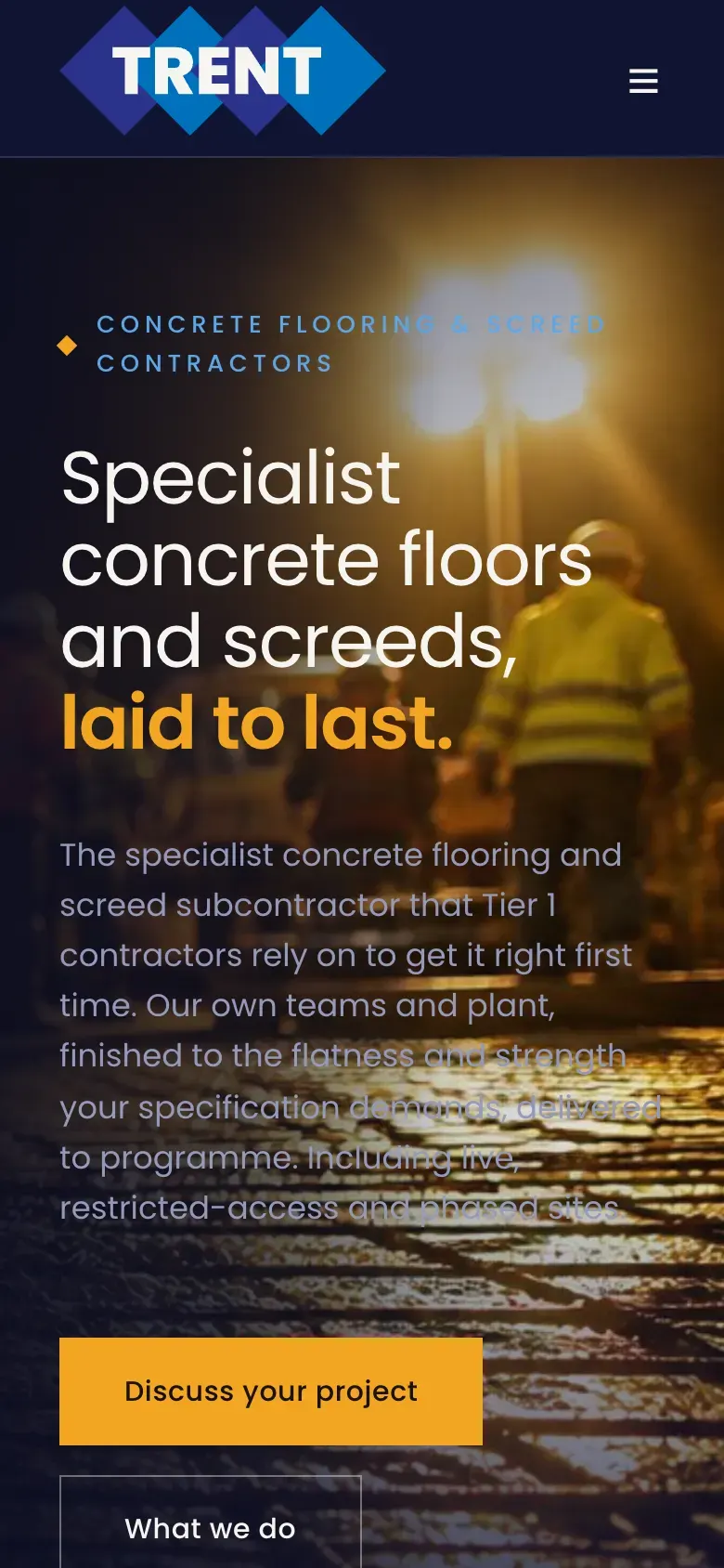 The Trent Construction homepage on a phone, with a Discuss your project button.
