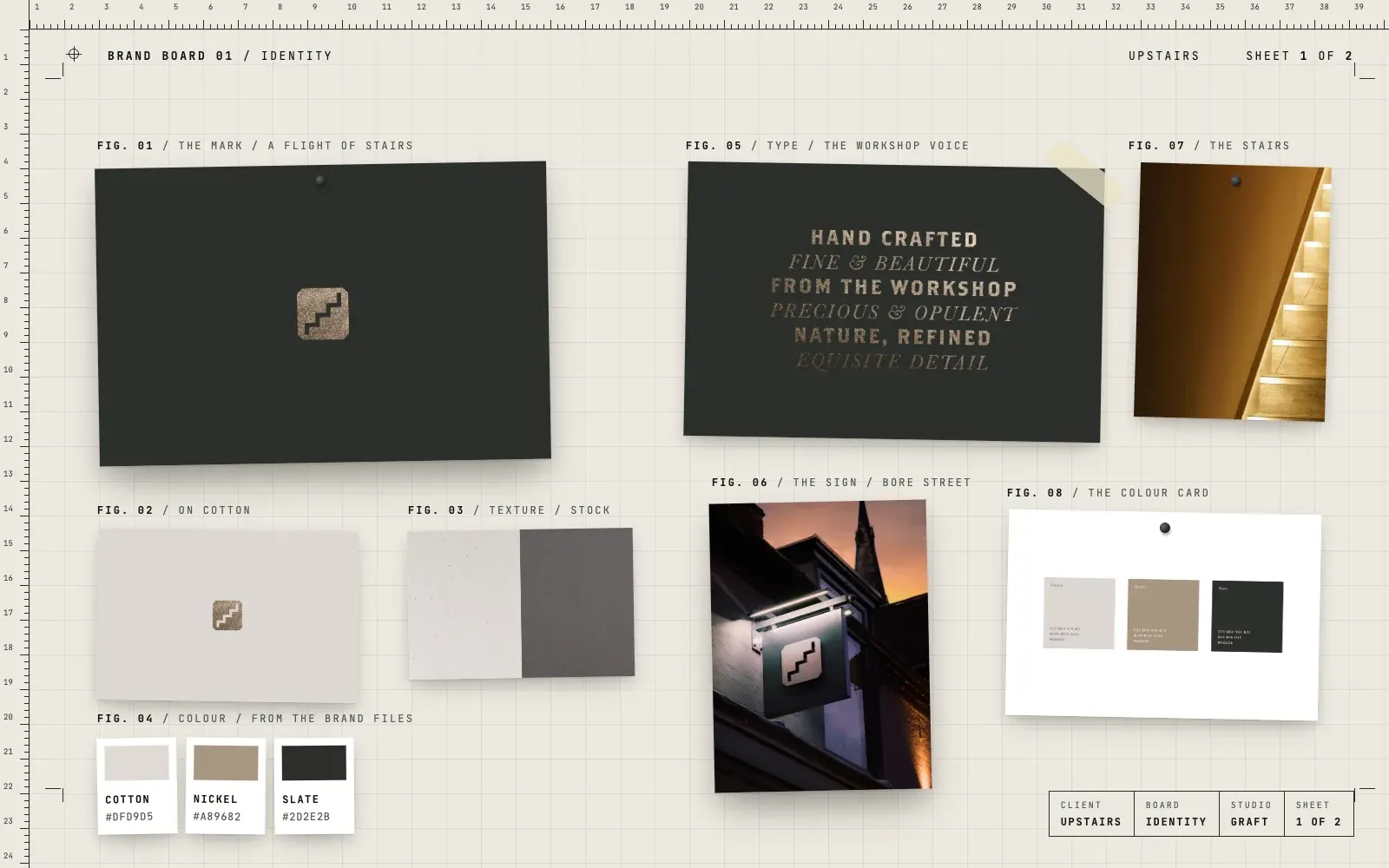 Upstairs identity: the stair mark in metallic on slate and on cotton, two textured stocks, the palette of Cotton, Nickel and Slate, type lines reading Hand crafted, from the workshop, the hanging sign at dusk, the lit staircase and the colour card