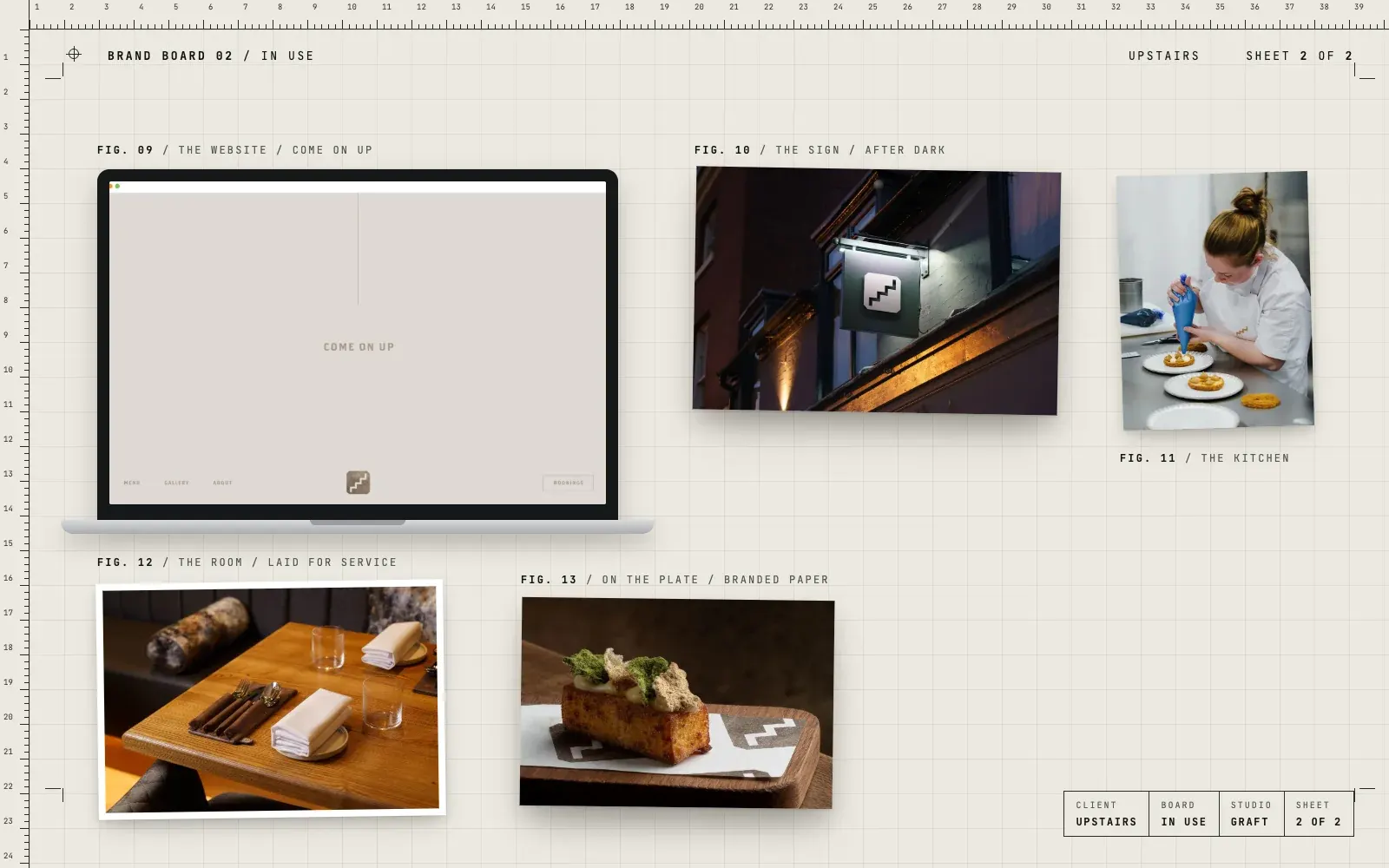 Upstairs brand in use: the website on a laptop opening with the words Come on up, the hanging stair sign lit at night, a pastry chef plating desserts, a table laid for service and a dish served on paper printed with the stepped pattern